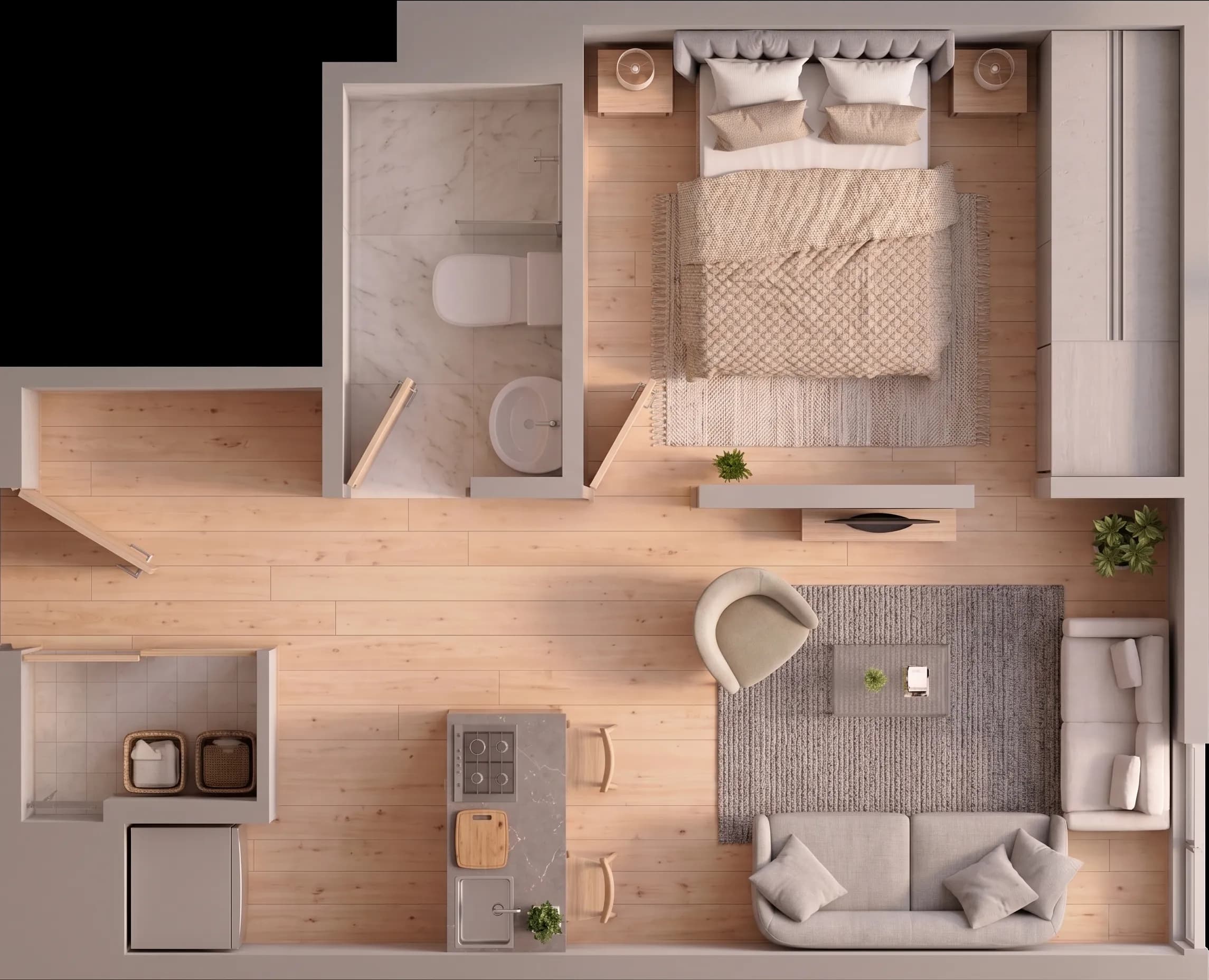 Plano del apartaestudio de 26,25 metros cuadrados