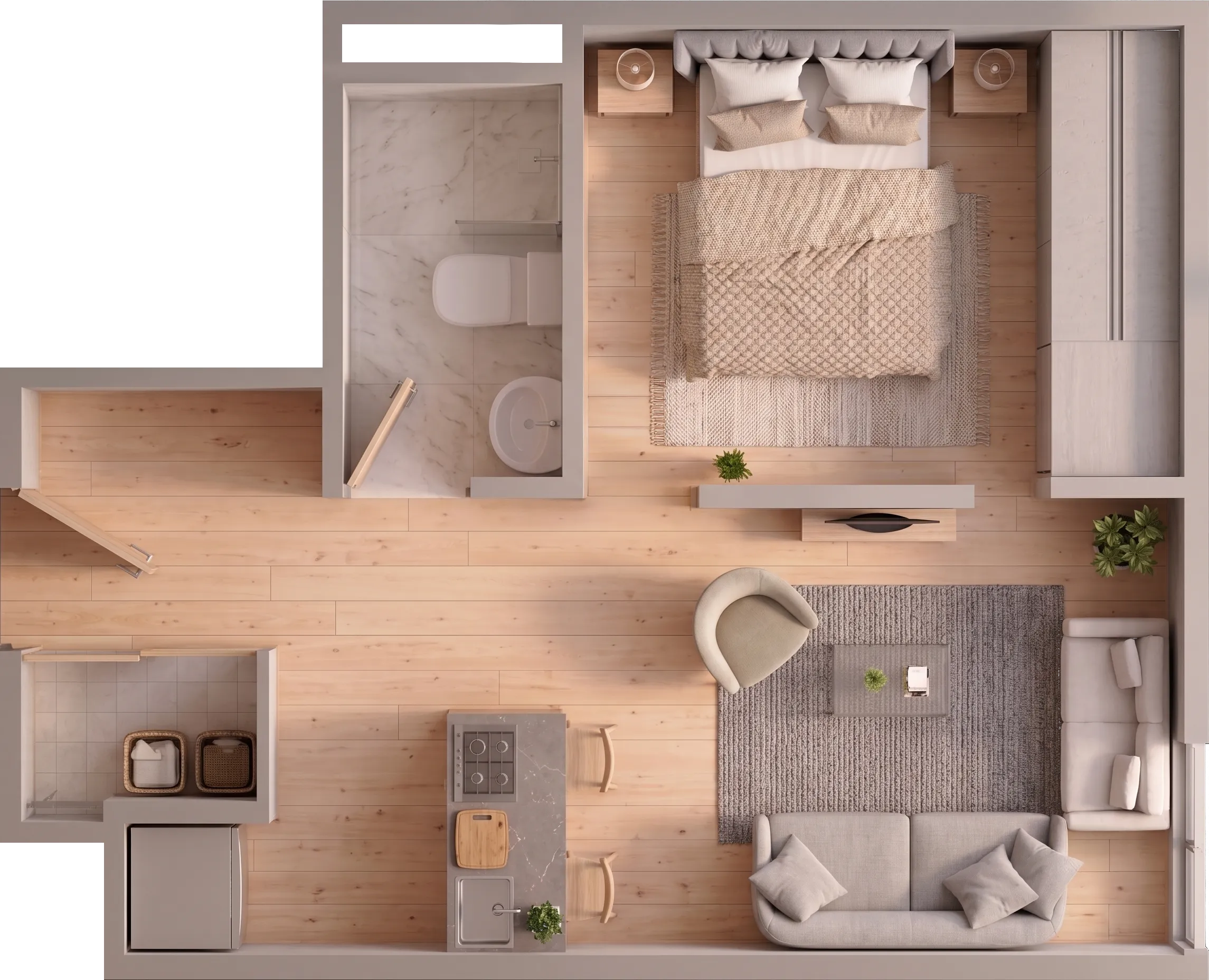 Plano del apartaestudio de 26,25 metros cuadrados
